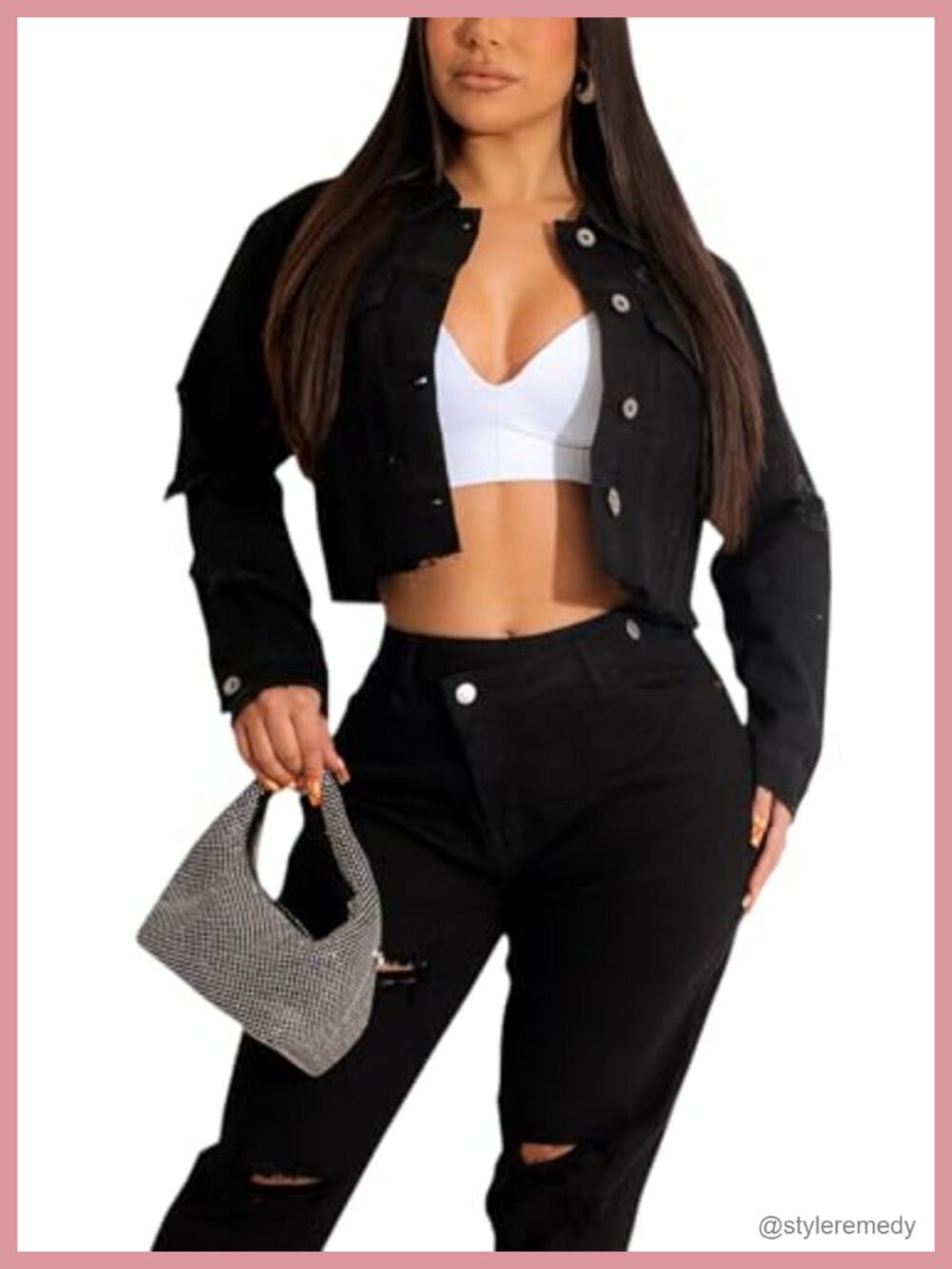 Cropped Denim Jacket Long Sleeve Button Casual Jean Coat